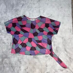 B2 Women’s Sheer Blouse Multi Color Geometric Pattern Size 2X Side Tie